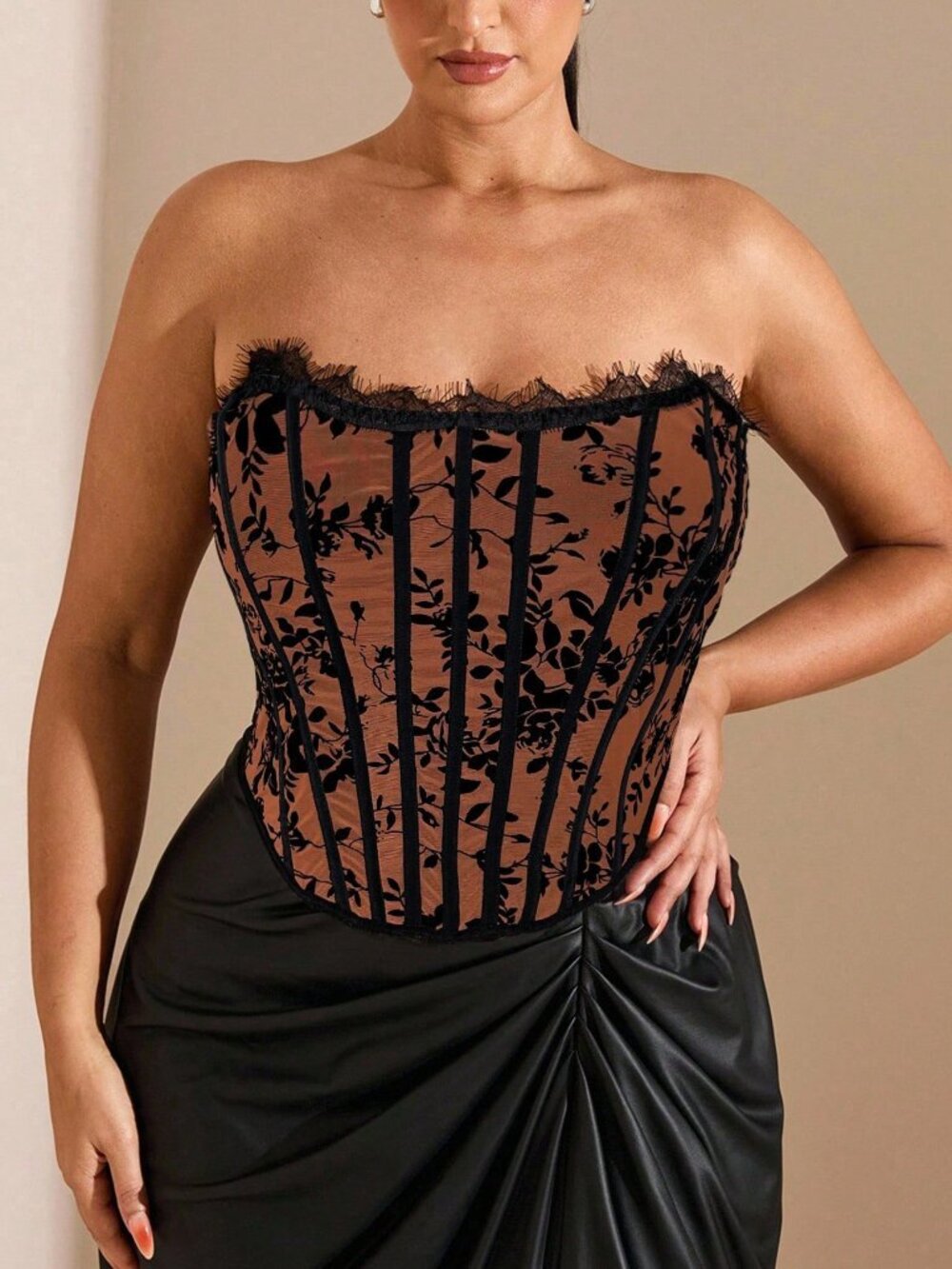 Brown Elegant Women's Asymmetrical Contrast Lace Strapless Crop Dress
